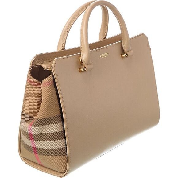 Burberry Banwell Leather & Check Canvas Satchel, Beige - Picture 3 of 4